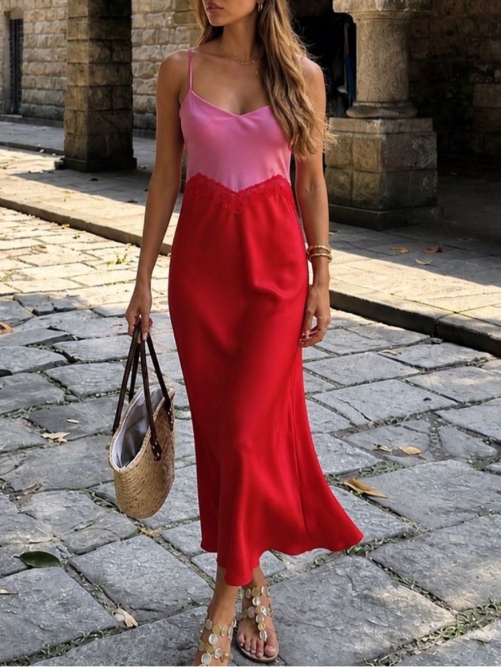 Gianni Bini x DANNIJO Helena Satin Two-Tone Pink & Red Slip Dress Size 2
